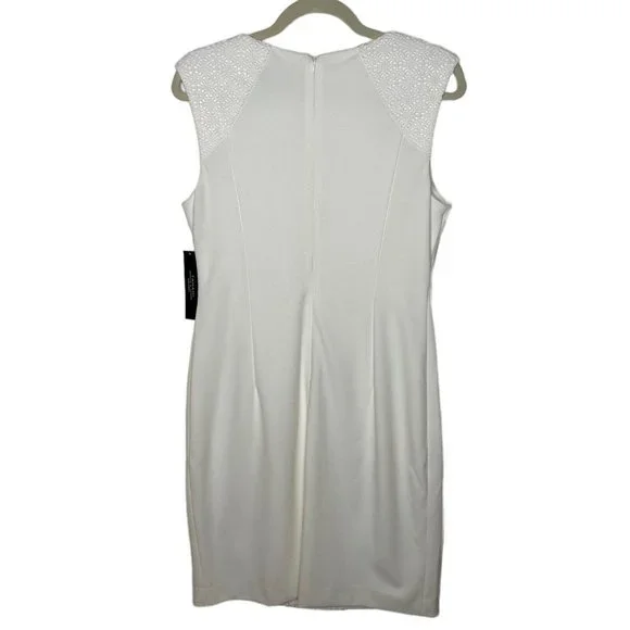 Tahari White Lace Sheath Dress Size 8 Stretch Crepe Elegant Fashion - Picture 4 of 11